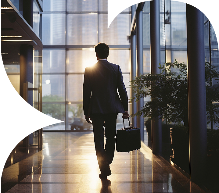 Professional walking through a modern office lobby