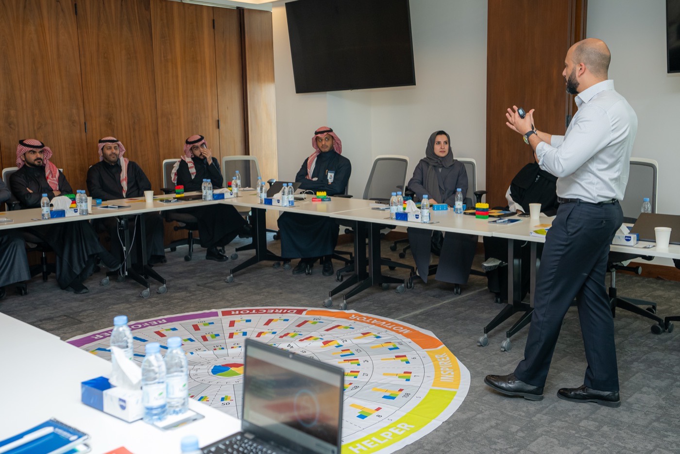 Sales professionals in a Worktales workshop session around an Insights Discovery wheel